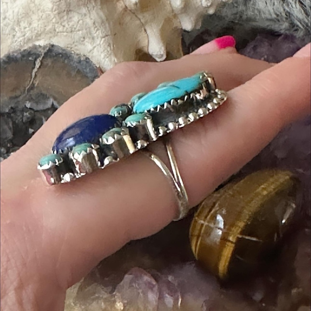 Turquoise Lapis Statement Sterling Silver Ring - image 5